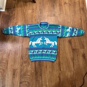 Women’s Small S Knit Vintage 1980s Unicorn and Tulips Sweater Blue Purple Green